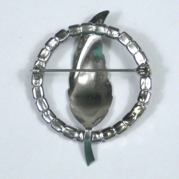 Circle Leaf Ring Brooch Pin Silvertone Vintage Jewelry 2.1 inch Women Rhinestone - Picture 4 of 5